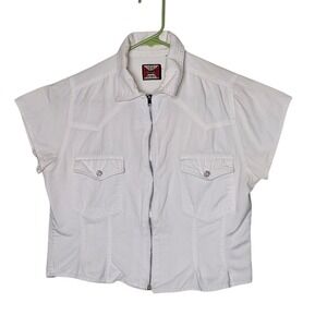 Womens Ellemenno White Zip Up Short Sleeve Western Shirt Blouse Top M Crop 90s